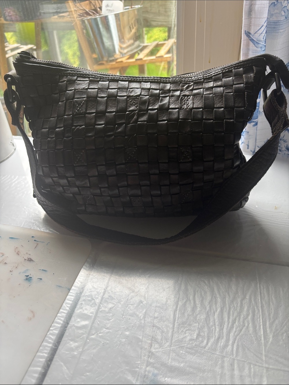 Woven Leather Messenger Bag - Black